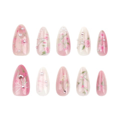 Ihomed 24pcs Summer Pink Rose Press on Nails 3D Pearl Decor Almond False Nail Patch for Girl Lady Wearable Full Cover Fake Nail Tips