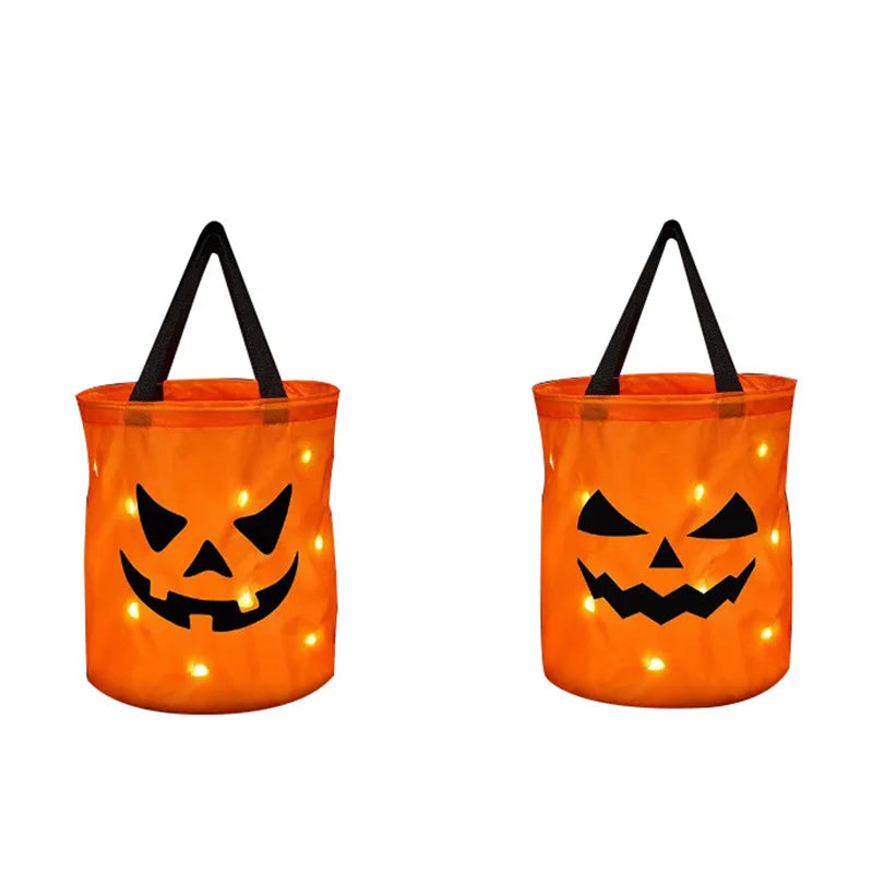 Ihomed LED Light Halloween Trick or Treat Bucket Pumpkin Candy Bags Collapsible Halloween Basket for Thanksgiving Party Gift Basket