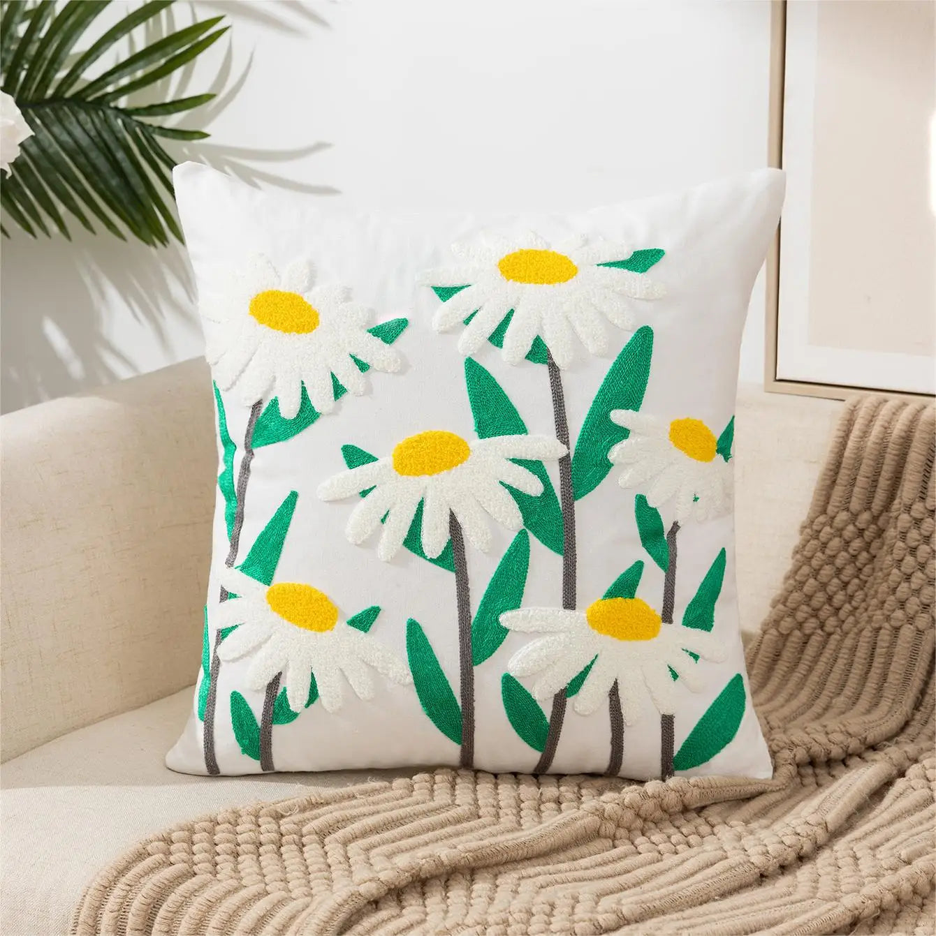 Ihomed Towel embroidered Flower Cushion Cover Linen Simple Sofa Headboard Pillow Case Office Cushion Cover Cogines 45x45cm