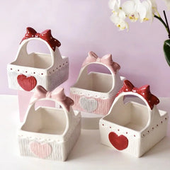 Ihomed Red Ceramic Fruit Basket Cute Hand-painted Bow Love Heart Food Snack Hand Basket Bowl Kitchen Acceesories Christmas Decorations