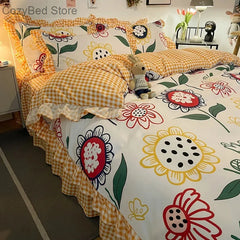 Ihomed Fashion Flower Bedding Sets Duvet Cover Bed Skirt Single Double Queen King Bedclothes Adult Kids Sunflower Bed Linen