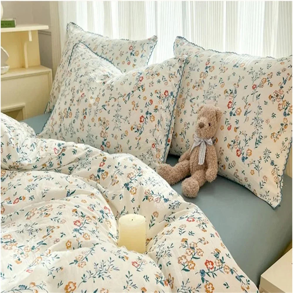 Ihomed Korean Style Bedding Set Fresh Botanical Kids Adults Leaves Flower Washed Cotton Pillowcases Soft Duvet Cover