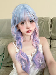 Ihomed 26Inch Fantasy Purple Mix Lolita Synthetic Wigs With Bang Long Natural Wavy Hair Wig For Women Cosplay Daily Use Heat Resistant