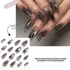 Ihomed 24pcs 3D Sliver Butterfly Decor False Nails Full Cover Fake Nail for Women Lady Almond Black Butterfly Press on nails Patches