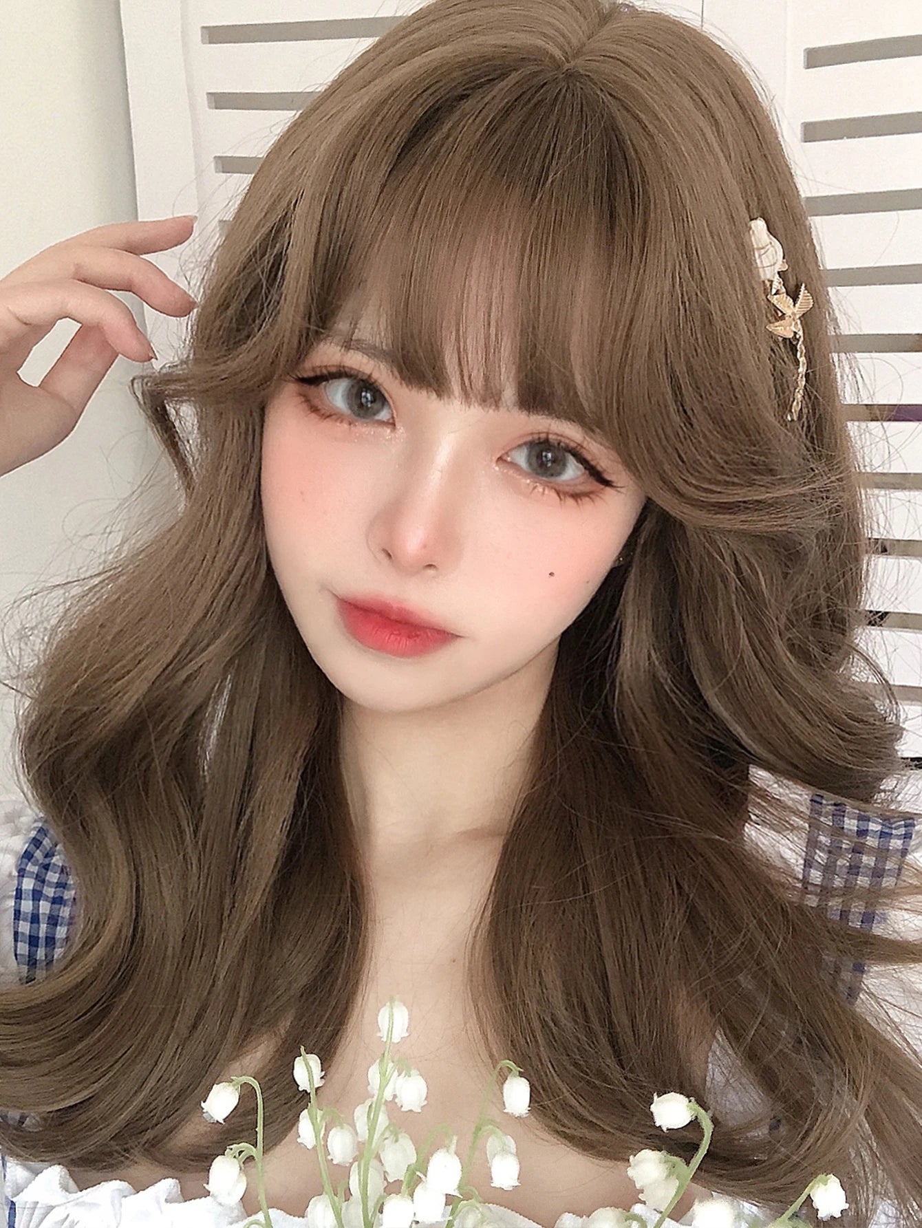 Ihomed 20Inch Honey Brown Lolita Synthetic Wigs with Bangs Long Natural Wavy Hair Wig for Women Daily Use Cosplay Drag Heat Resistant