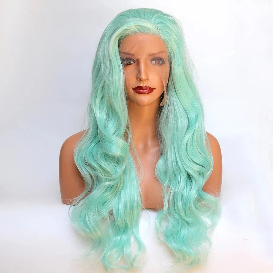 Ihomed Body Wave Mint Green Synthetic Transparent Lace Front Wigs Long Wavy Natural Hairline Glueless Heat Resistant for Cosplay Hair