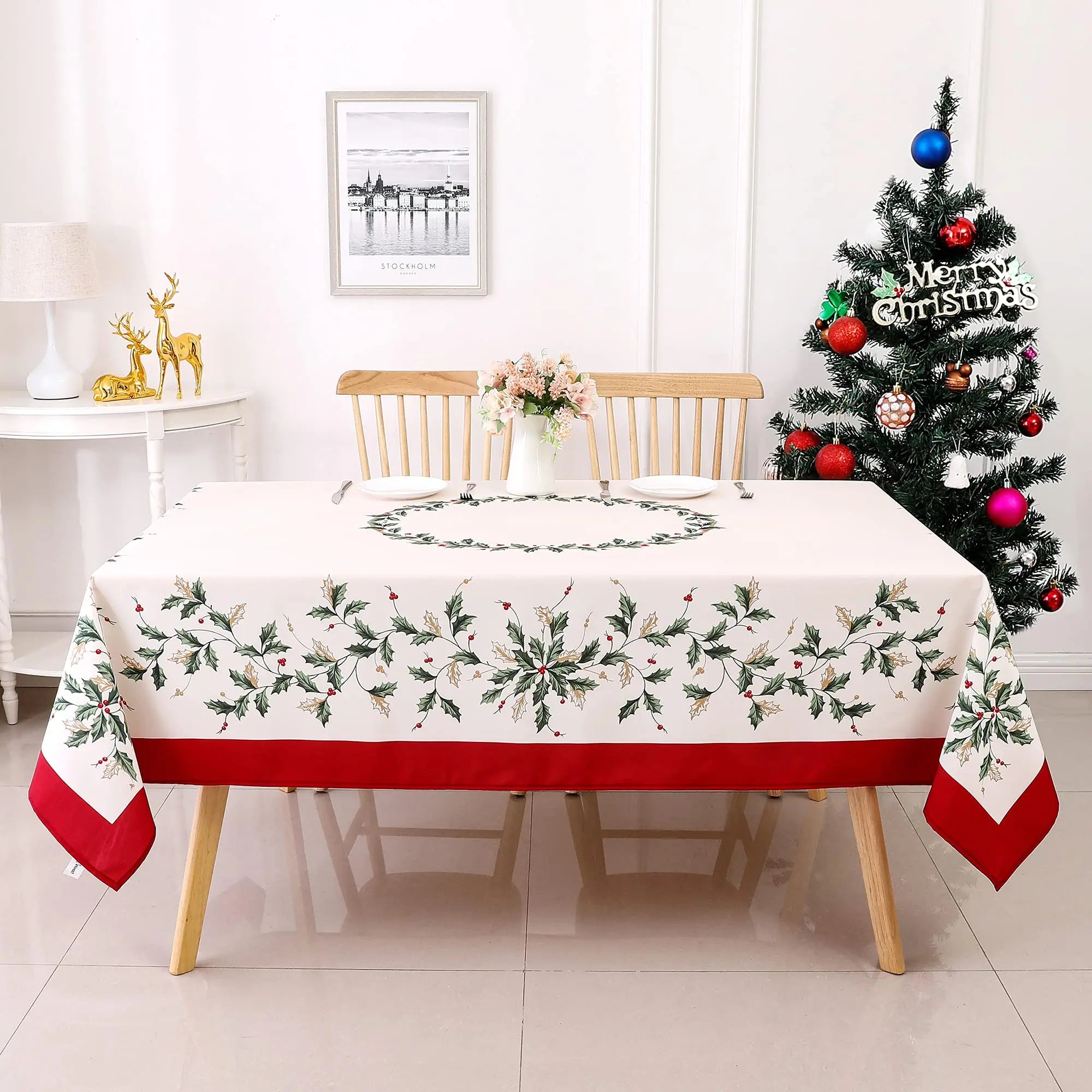 Ihomed Christmas Leaves Print Tablecloth Waterproof and Stain Resistant Table Cloth Decorative Tablecloths is Suitable for Holidays