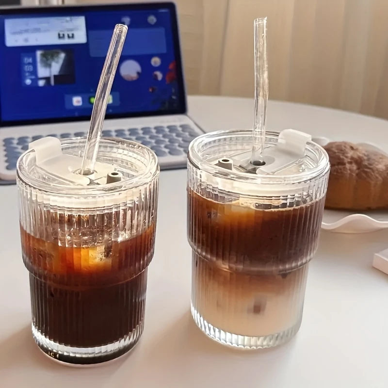 Ihomed 1pc 450ml Stripe Glass Cup Transparent Glasses With Lid and Straw Ice Coffee Mug Tea Cup Juice Glass Milk Water Cup Drinkware