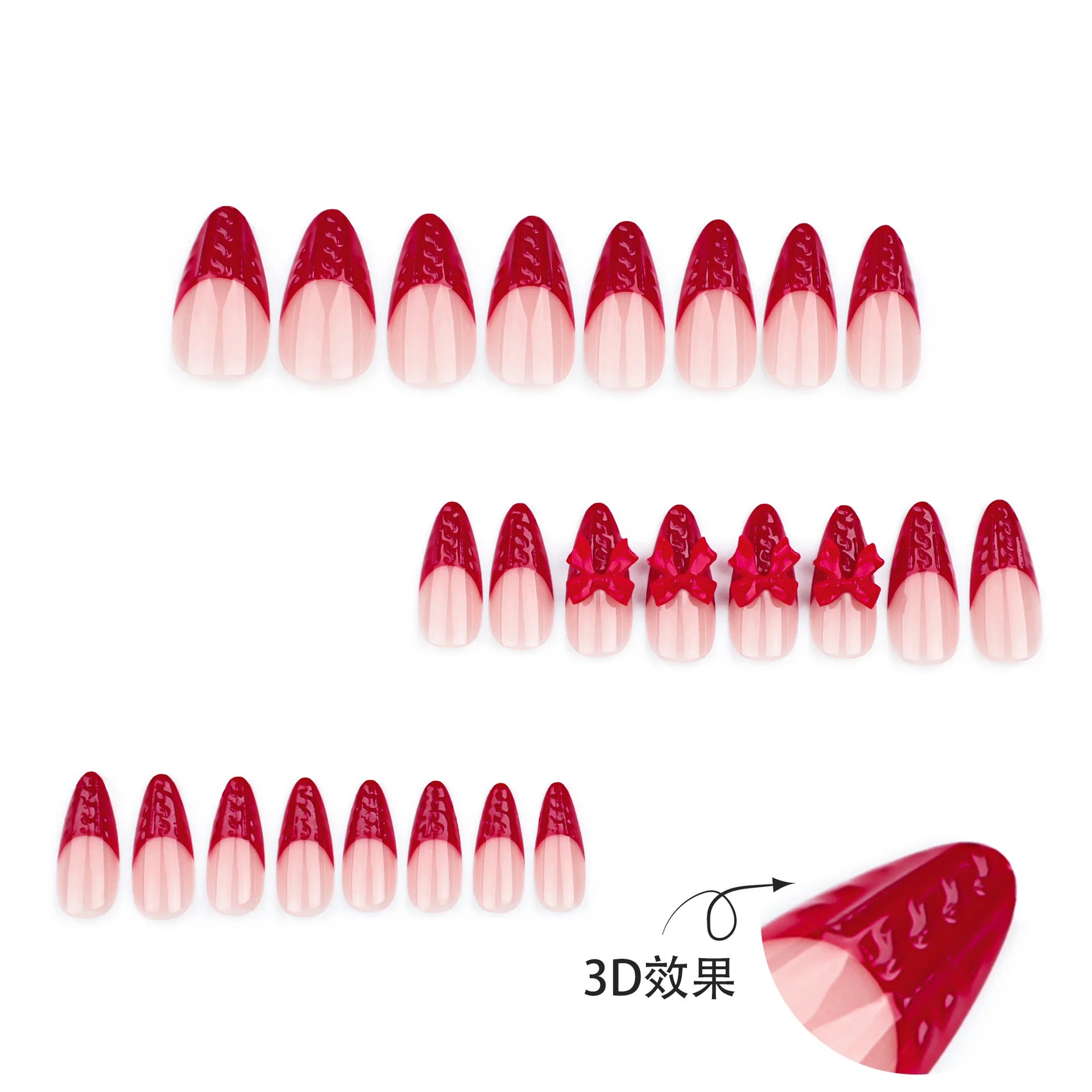 Ihomed 24pcs Red French Fake Nail Ins Romantic Bow 3D Red Bowknot Design Almond False Nail Patch Christmas Day Press on Nails for Girls