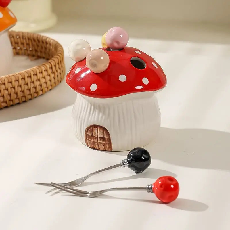 Ihomed Mushroom Fruit Fork Set Dessert Cake Stainless Steel Small Fork Storage Can Cute Fruit Forks storage box home kitchen acceesory