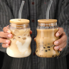 Ihomed 1/2pcs 500ml Glass Tumblers Cups With Straw Mason Jar Clear Juice Coffee Milk Cup With Bamboo Lids Drinkware Stripe Beer Mug