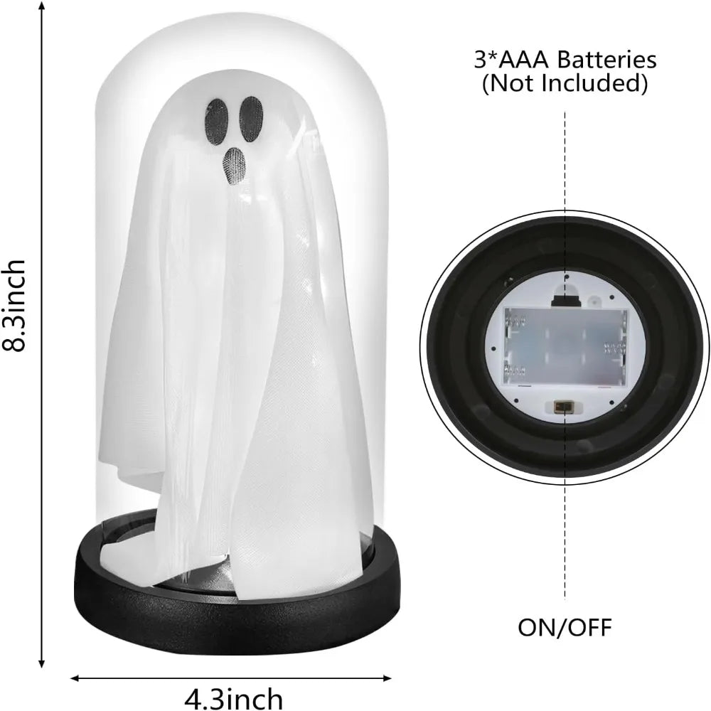 Ihomed Cute Ghost Halloween Lamp Plastic Light Up Ghost in Glass Cloche Halloween Decoration Lights Props Mantel Tabletop Decor