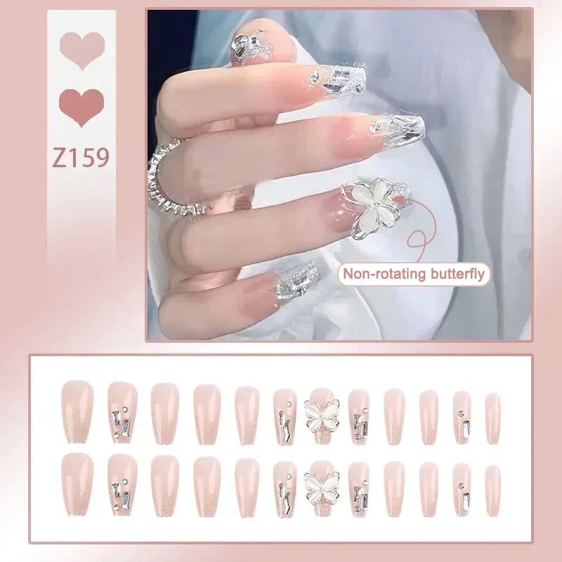 Ihomed 24pcs/box Fake Nails Press on Reusable with Designs Set French Artificial Aurora Diamond False Tipsy Stick-on Nails Tips Art