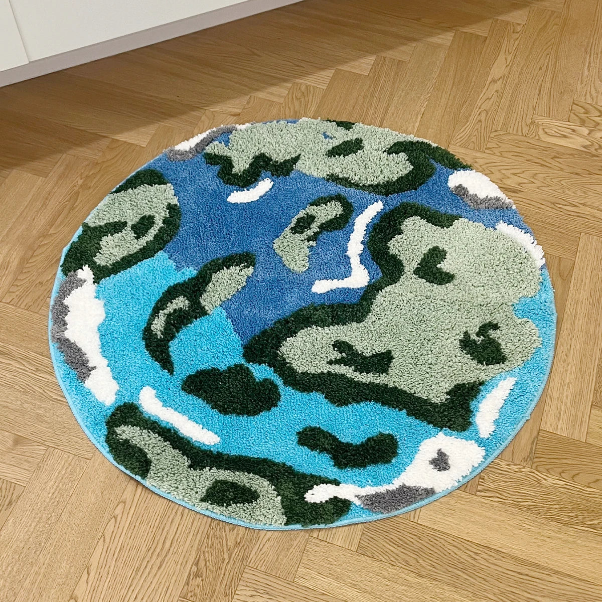 Ihomed Blue Earth Round Tufting Rug Bunny Bedroom Rug Fluffy Carpet Living Area Foot Pad Kids Room Doormat Aesthetic Home Warm Decor