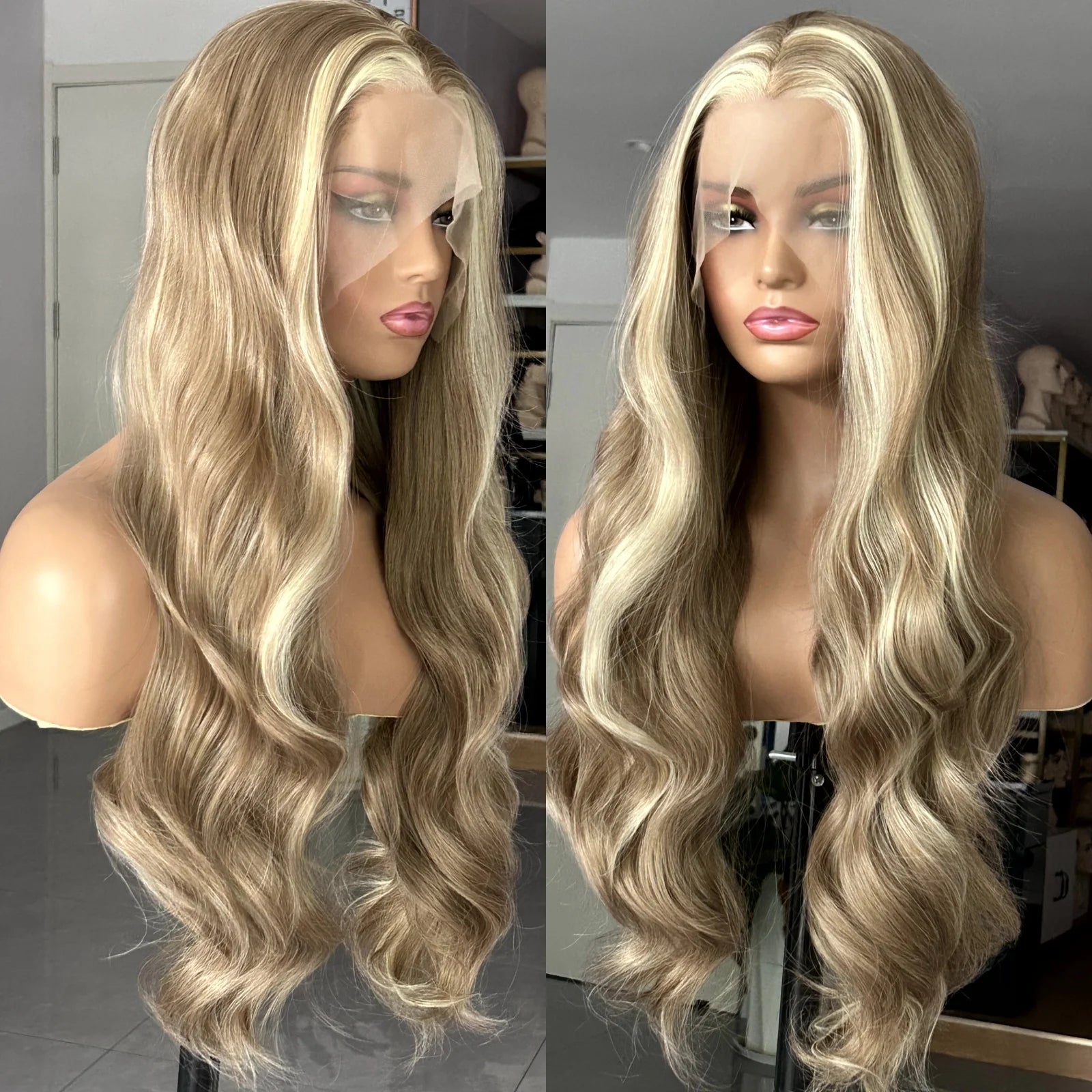 Ihomed Brown Wig with Ash Blonde Highlights Synthetic Hair Long Wavy Loose Body Wave Streaks Money Piece 13X4 Frontal Wigs for Women