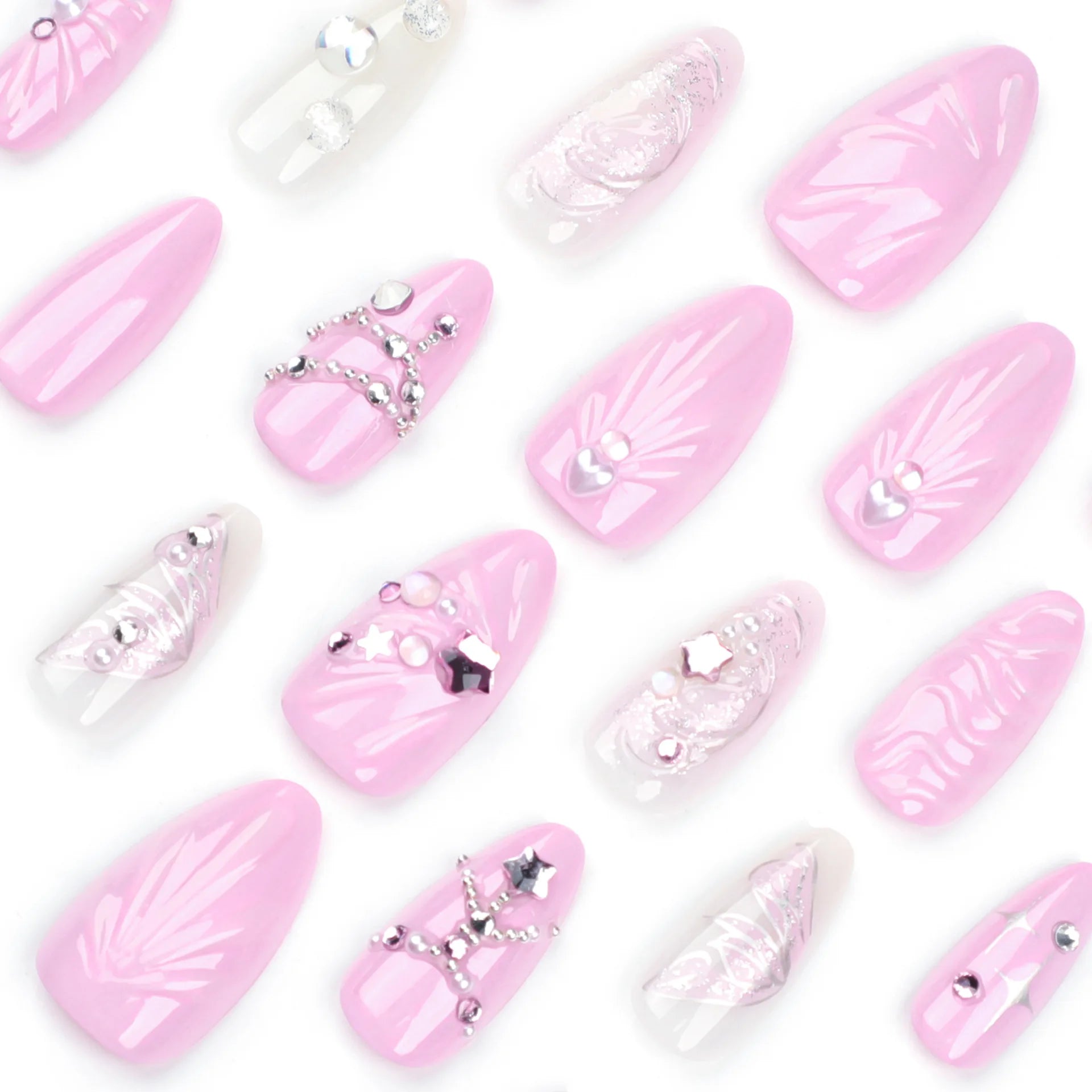 Ihomed 24pcs Sweet pink star Fake Nails 3D Ocean Shell Wearing False Nail Tips Butterfly Sparkling Diamond Ins Korean Press on Nails