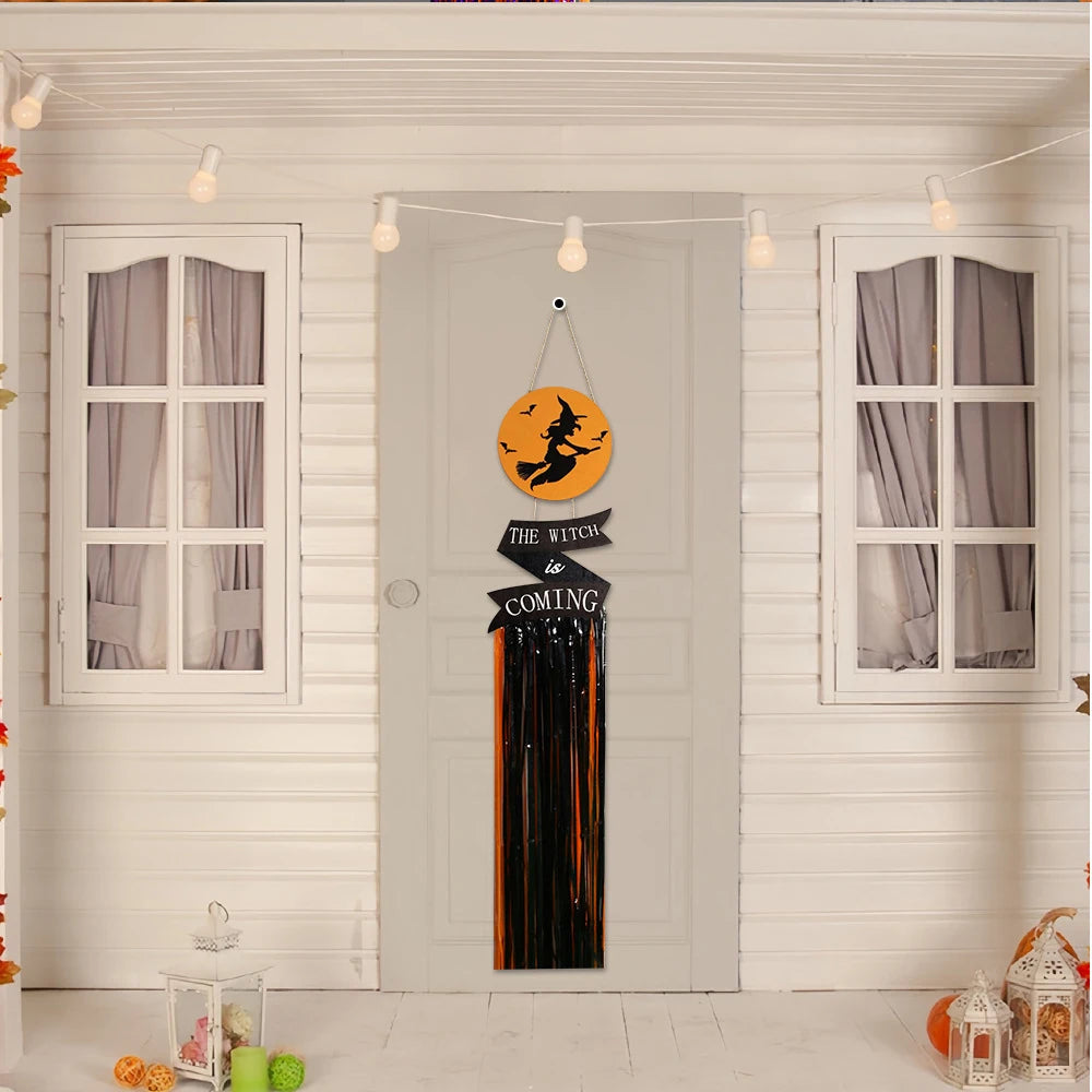 Ihomed Halloween Decoration Wooden Sign Home Decoration Rain Silk Tassel Hanging Bat Witch Hat Wooden Door Hanging Wall Hanging