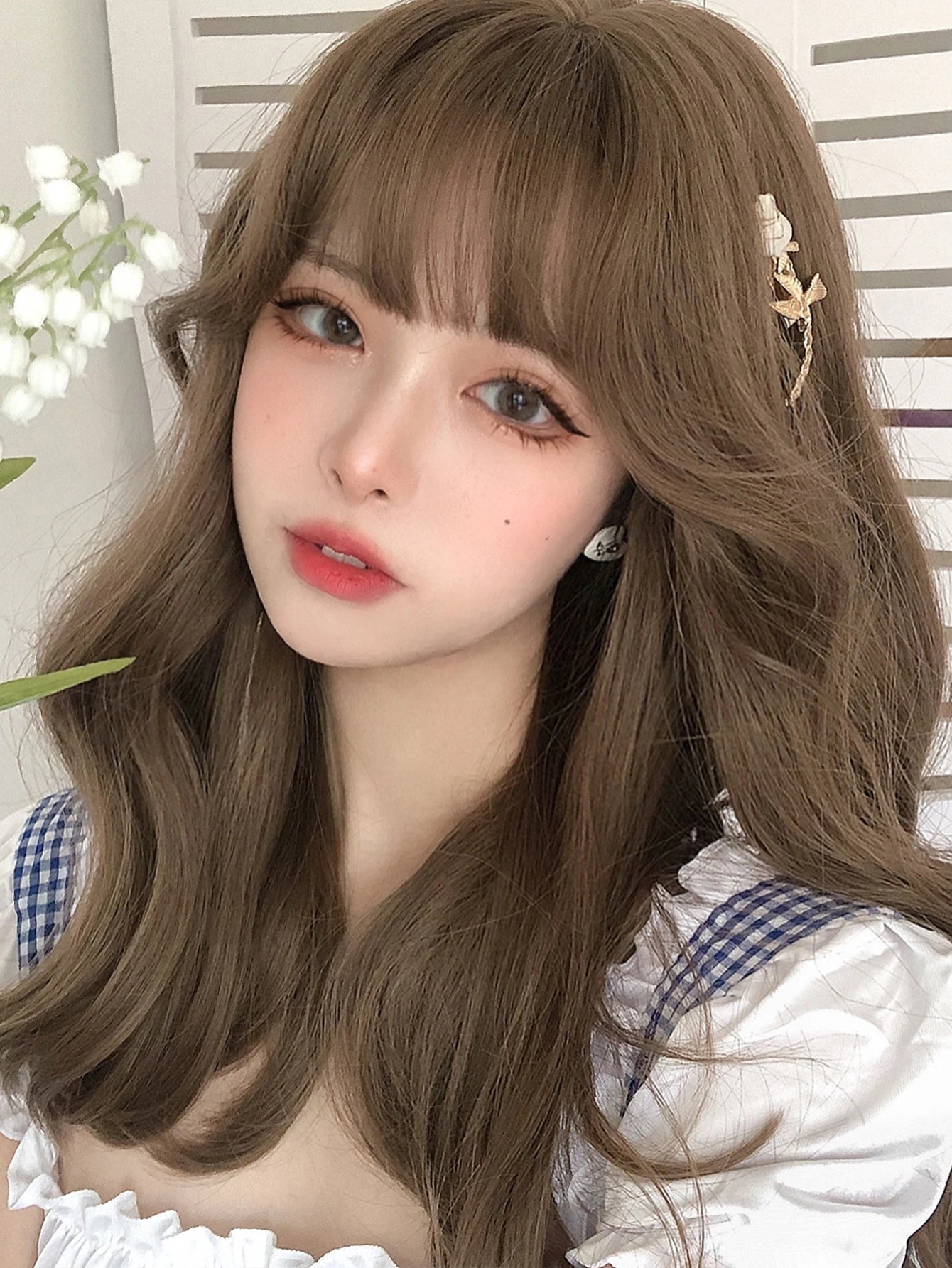 Ihomed 20Inch Honey Brown Lolita Synthetic Wigs with Bangs Long Natural Wavy Hair Wig for Women Daily Use Cosplay Drag Heat Resistant