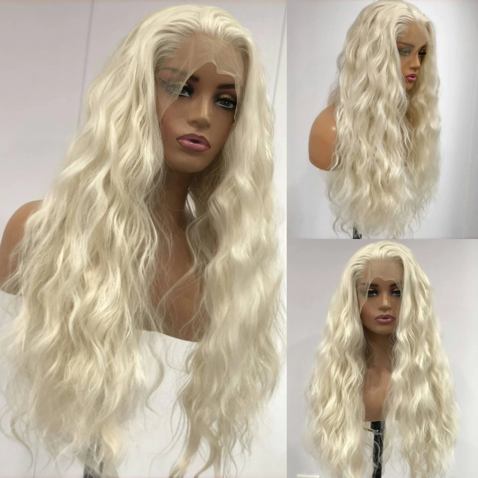 Ihomed Platinum Blonde Long Curly Synthetic Lace Front Wig Natural Wavy Deep Wave White Blond Colored Hair 13X4 Frontal Wigs for Women