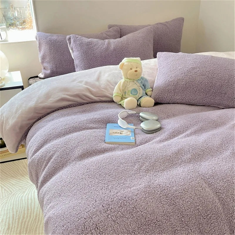 Ihomed AB Side Lamb Cashmere and Flannel Fleece Bedding Set, Velvet Duvet Cover, Warm Flat Sheet, Home Linens, Twin Queen