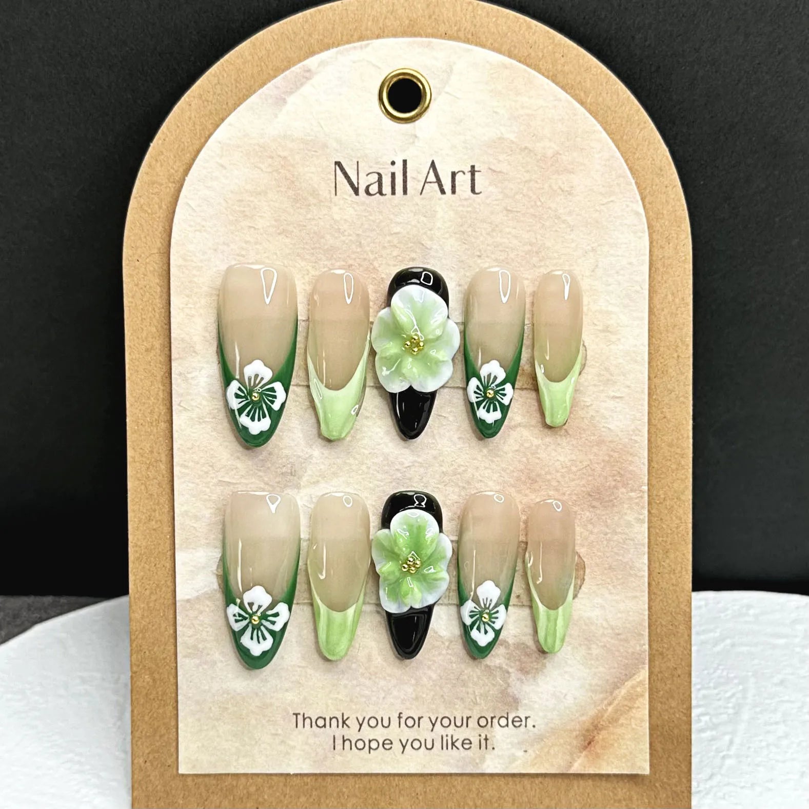 Ihomed 10pcs Handmade Press on Nails Green Flower hand-painted Design False Nail Full Cover Wearable INS French Almond Fake Nail Tips