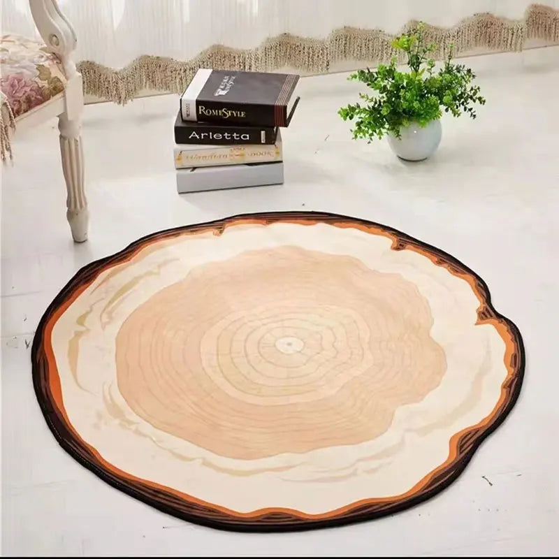 Ihomed 3D Wooden Grain Carpet Round Annual Rings Living Room Area Rug Kids Bedroom Play Rug Chair Mat Doorway Rugs Non-Slip Bath Mat