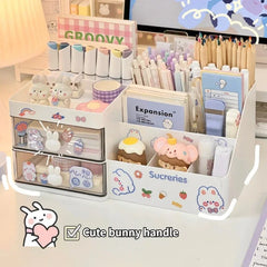 Ihomed Desktop Cosmetic Storage Box Organizer Drawer Office Storage Rack Stationery Desk Pen Holder Bunny Drawer Organizer Cute Kawaii