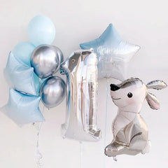 Ihomed 12pcs Silver Number Rabbit Star Foil Balloons 1st Birthday Party Decorations Kids Boy 1 2 3 4 5 6 7 8 9 Year Old Animal Supplies