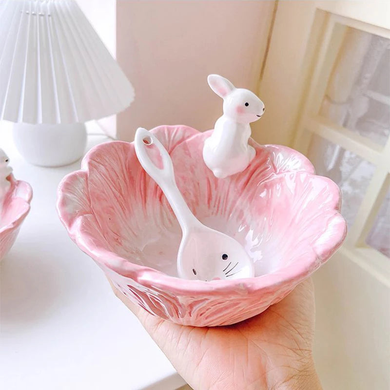 Ihomed Pink Bunny Bowl Set for Cute Girls，Porcelain Dessert, Salad, and Cereal Bowls with Spoons for Home and Dorm Use，Eco-Friendly