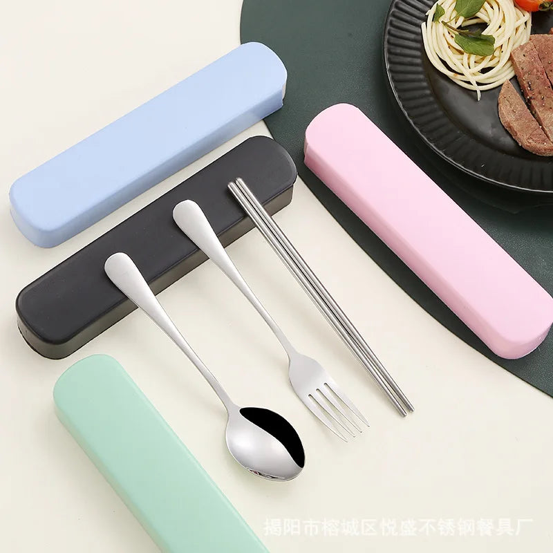 Ihomed 3Pcs/Set Stainless Steel Portable Tableware Set - Durable and Collectible Fork, Spoon, Chopsticks with Box Perfect for Outdoor