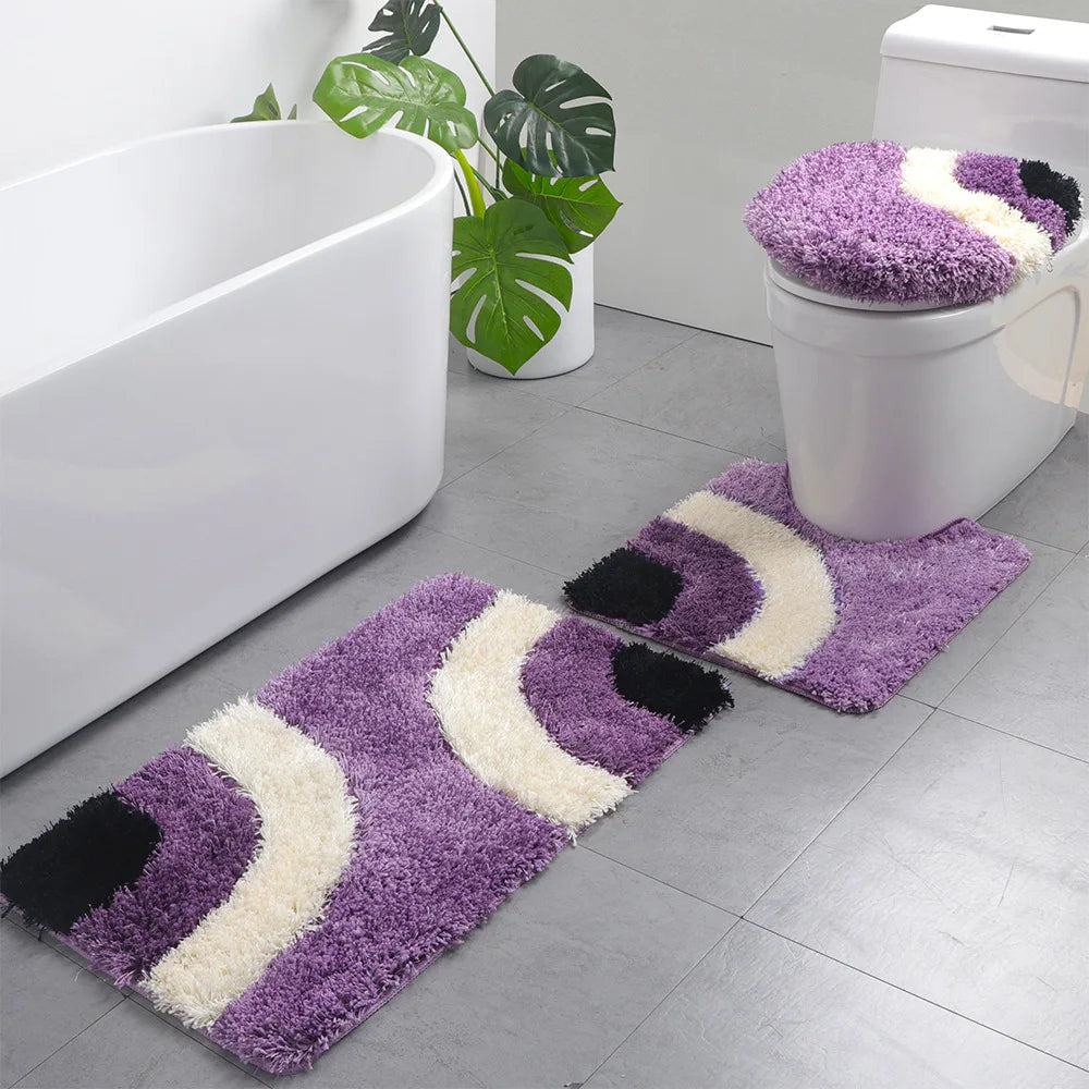 Ihomed 3 Pcs Set Bathroom Rug Curved Lattice Non-Slip Extra Absorbent Toilet Bath Foot Mats Sets Soft Home Washable Carpets