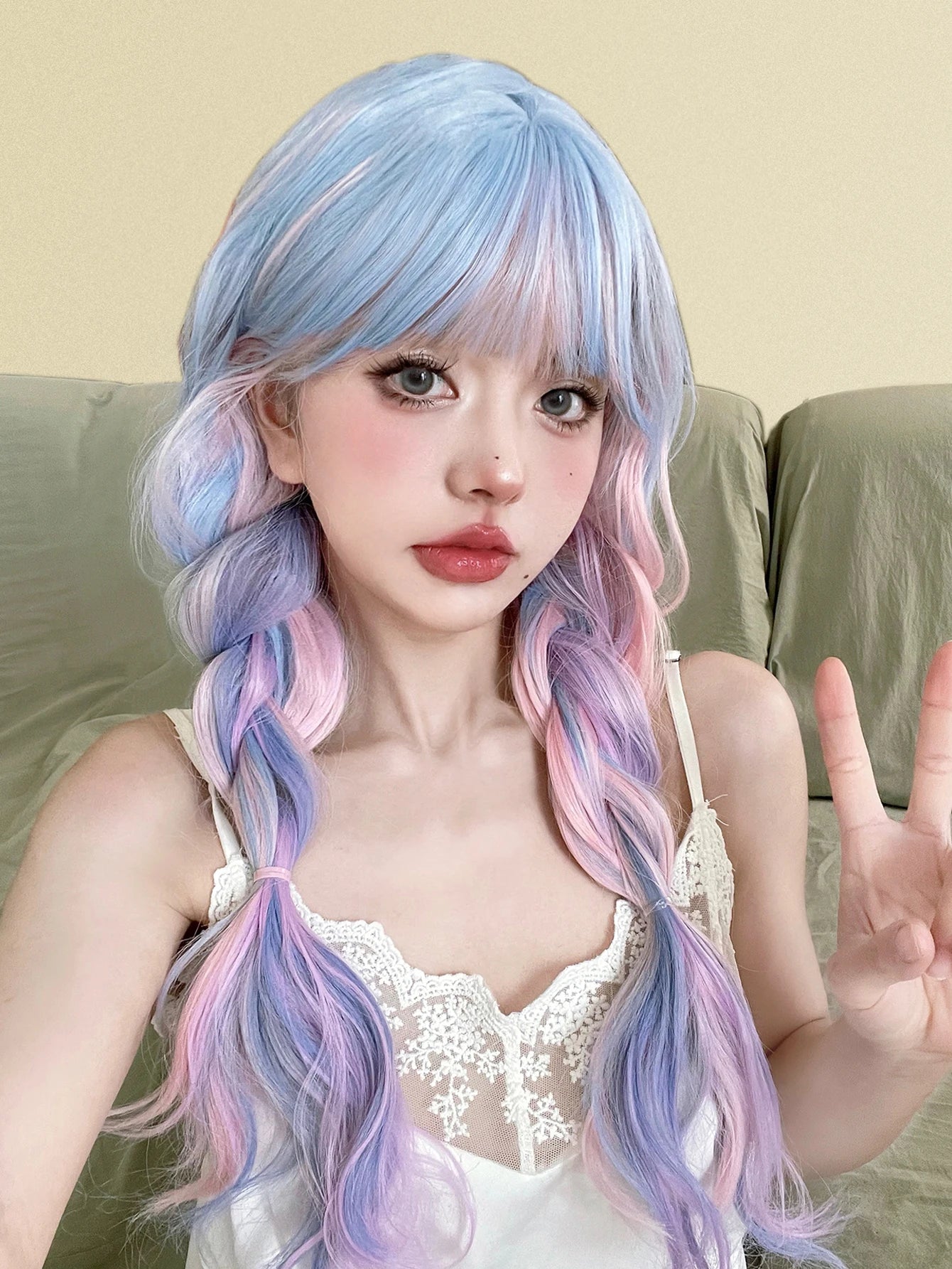 Ihomed 26Inch Fantasy Purple Mix Lolita Synthetic Wigs With Bang Long Natural Wavy Hair Wig For Women Cosplay Daily Use Heat Resistant