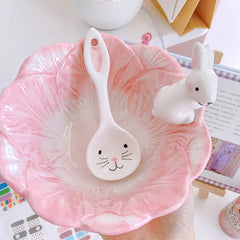 Ihomed Pink Bunny Bowl Set for Cute Girls，Porcelain Dessert, Salad, and Cereal Bowls with Spoons for Home and Dorm Use，Eco-Friendly