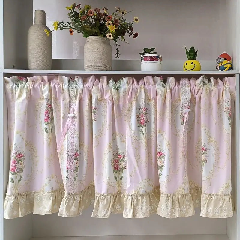 Ihomed Wave Pink Embroidered Flowers Window Valance Living Room Elegant Lace Curtain Valance Lace Tape Short Curtains Kitchen