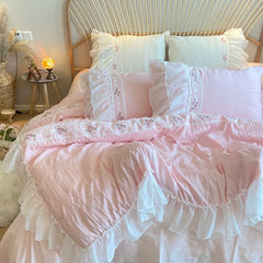 Ihomed Pink Korean Princess Style Lace Ruffles Wedding Bedding Set Seersucker Washed Cotton Soft Duvet Cover Set Bed Sheet Pillowcases