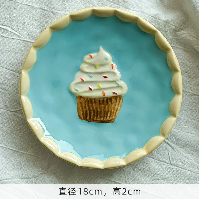 Ihomed Macaron Hand-painted Ceramic Dish: Cute Girly Kitchenware Lovely Girl Heart Relief Cake Plate for Home and Afternoon Tea Dessert