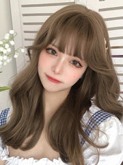 Ihomed 20Inch Honey Brown Lolita Synthetic Wigs with Bangs Long Natural Wavy Hair Wig for Women Daily Use Cosplay Drag Heat Resistant