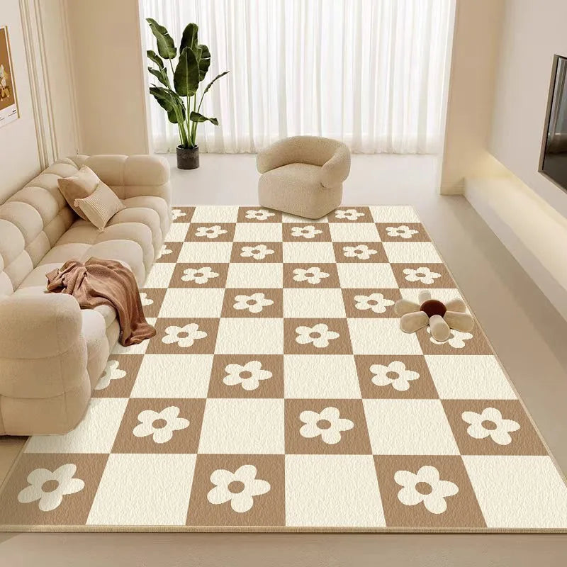 Ihomed Beige Plaid Living Room Large Area Carpet Floral Pattern Bedroom Carpet Minimalist Design Checkerboard Home Special Rug Alfombra