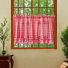 Ihomed Classic Red Plaid Ruffle Short Curtain Sheer For Kitchen Retro Soft Tulle Curtains For Bedroom Small Window Coffee Half-curtain