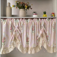 Ihomed Wave Pink Embroidered Flowers Window Valance Living Room Elegant Lace Curtain Valance Lace Tape Short Curtains Kitchen