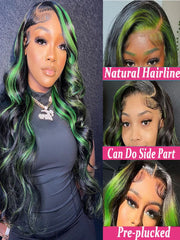 Ihomed Highlight Green Lace Front Human Hair Wigs 38 Inch Ombre Colored Body Wave Lace Front Wig Remy Human Hair HD Lace Frontal Wig