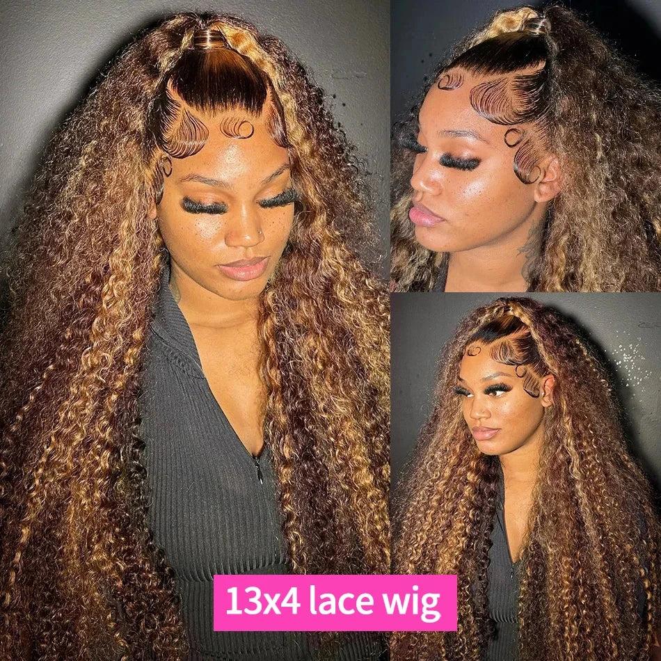 Ihomed 13x6 HD Brown Lace Front Wig Honey Blonde Curly Human Hair Wigs Ombre Highlight Wig Human Hair Deep Water Wave Lace Frontal Wig