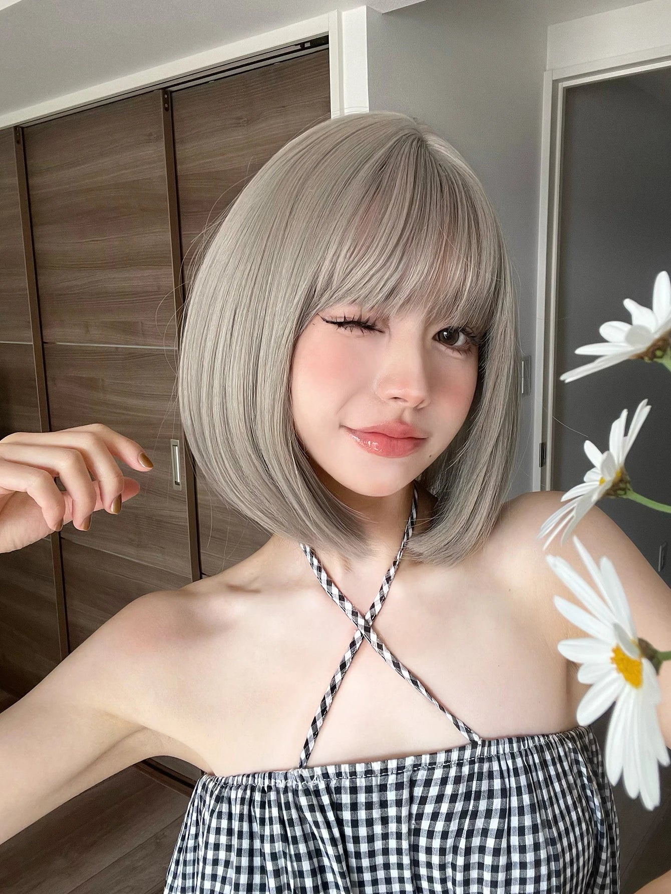 Ihomed 12Inch Gridelin Color Synthetic Lolita Wig With Bang Medium Natural Straight Hair Wig for Women Daily Cosplay Heat Resistant