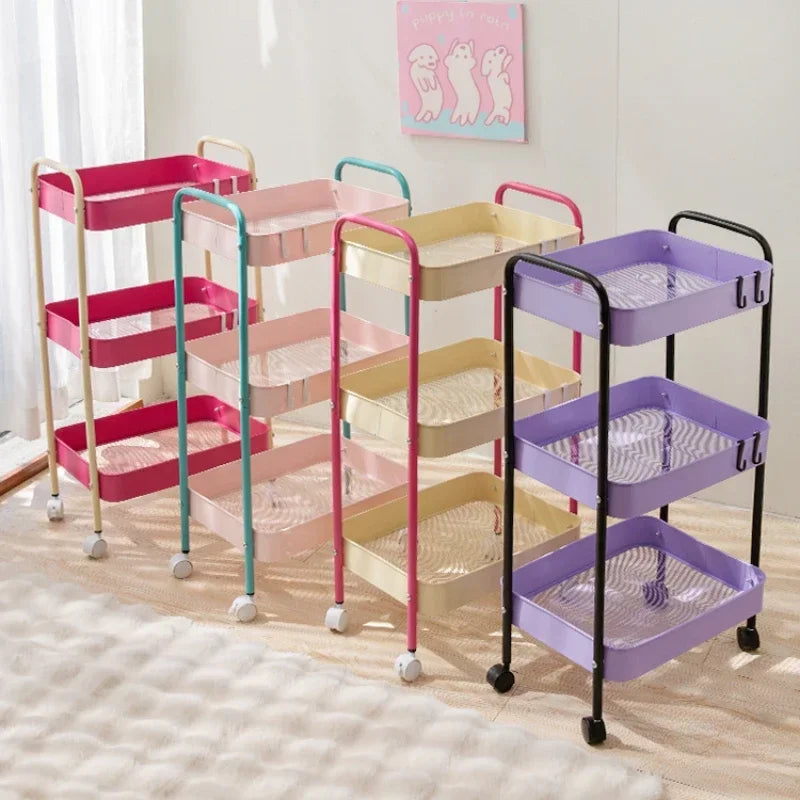 Ihomed 3 Layer Contrast Color Trolley Storage Shelf Multi-layer Movable Trolley Cosmetics Snack Storage Rack Bathroom Mobile Shelf Home