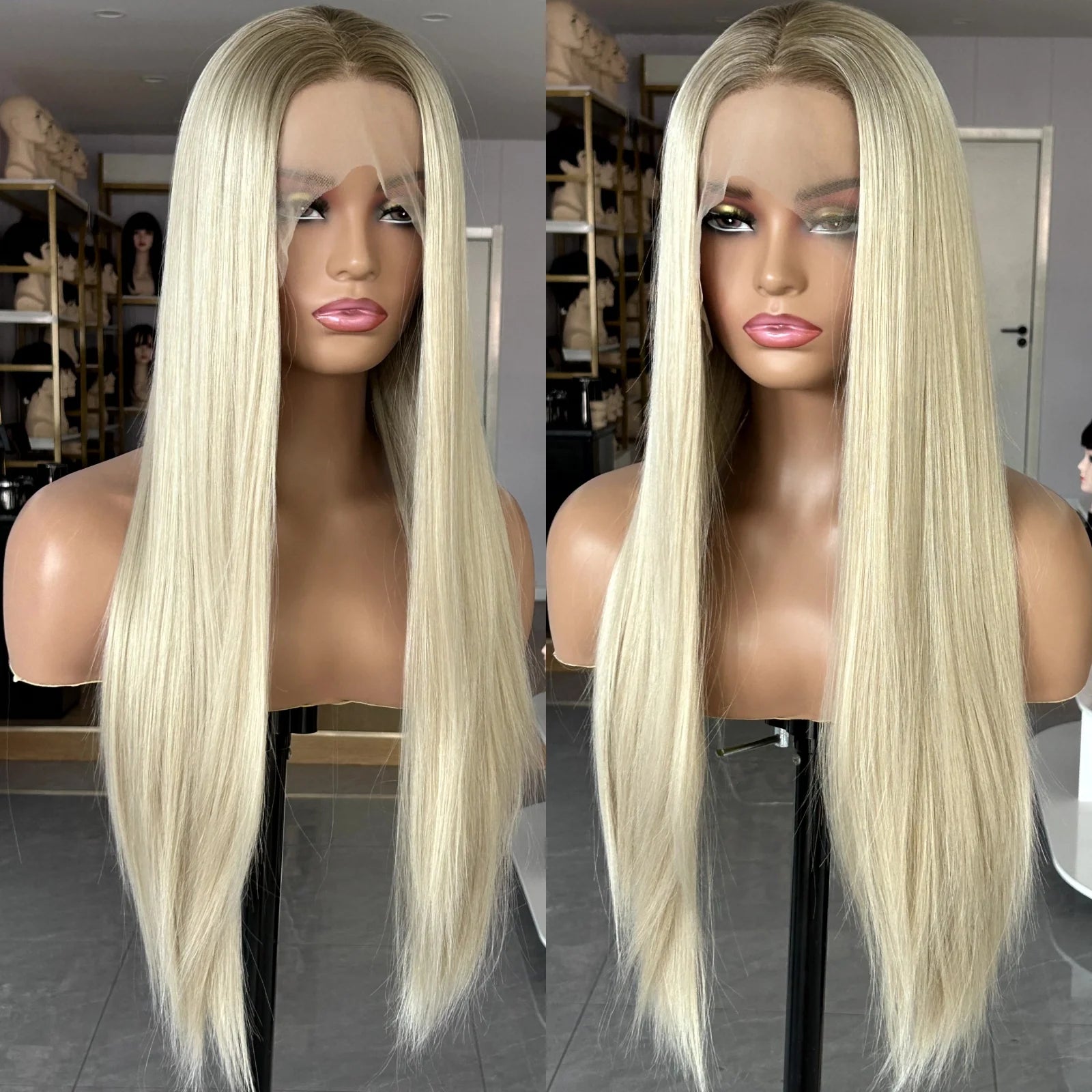 Ihomed Ombre Lace Front Wig Long Straight Synthetic Wig Brown Blonde Highlight Colored Hair 13X4 Frontal Wigs for Women Party Cosplay