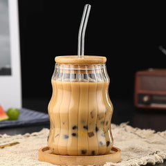 Ihomed 1/2pcs 500ml Glass Tumblers Cups With Straw Mason Jar Clear Juice Coffee Milk Cup With Bamboo Lids Drinkware Stripe Beer Mug