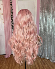 Ihomed Long Last 26Inch Wavy Pink Synthetic Hair Wigs for White Women Glueless Transparent Lace Front Wigs High Temperature Fiber