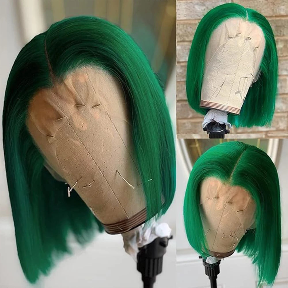 Ihomed Short Bob Dark Green Straight Human Hair Wigs For Women Colored Brazilian Remy Hair 13x4 Transparent  Lace Wigs 200% Density