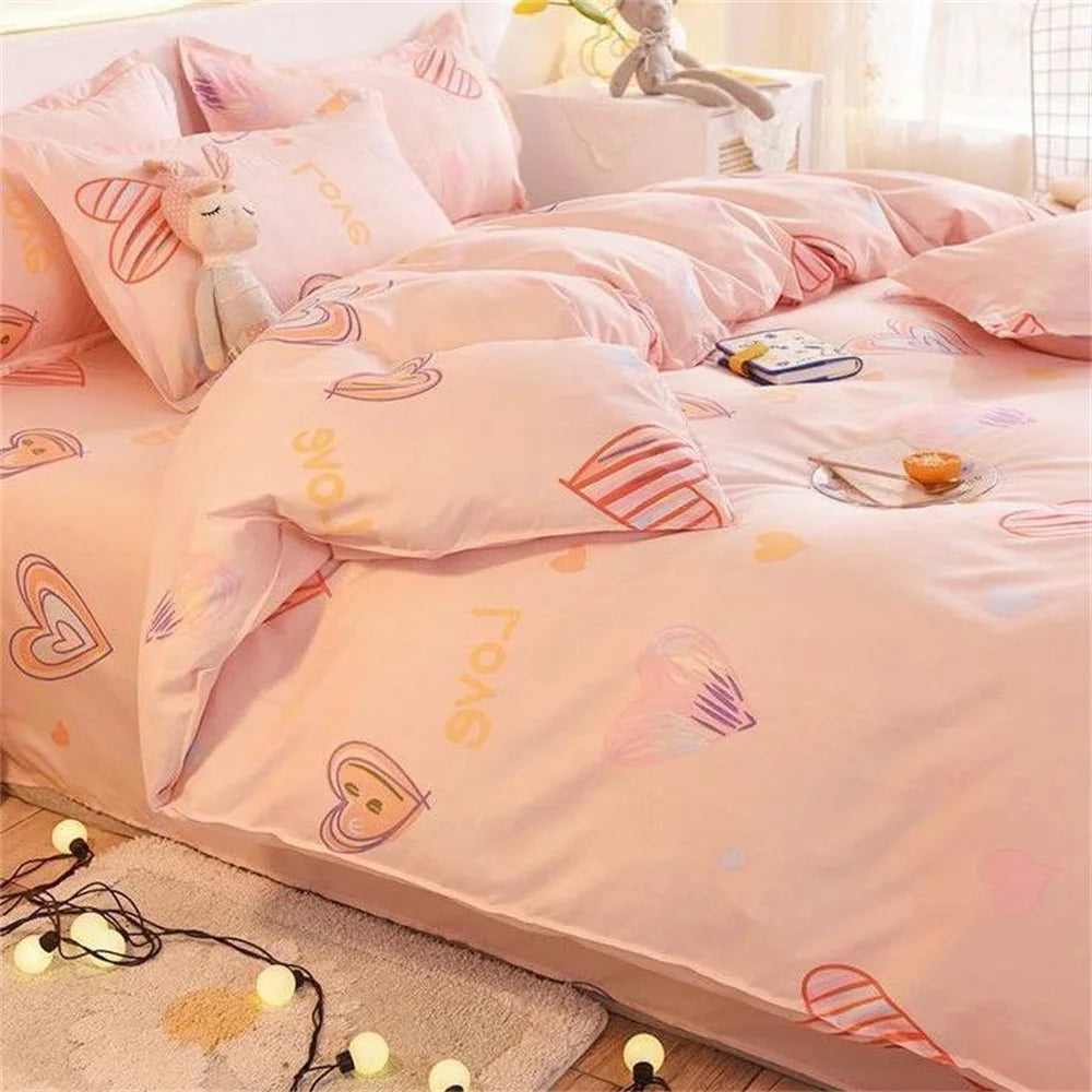 Ihomed Cute Pink Strawberry Duvet Cover Flat Sheet with Pillowcases Floral Girls Bedding Set Twin Full Size Soft Polyester Bed Linens