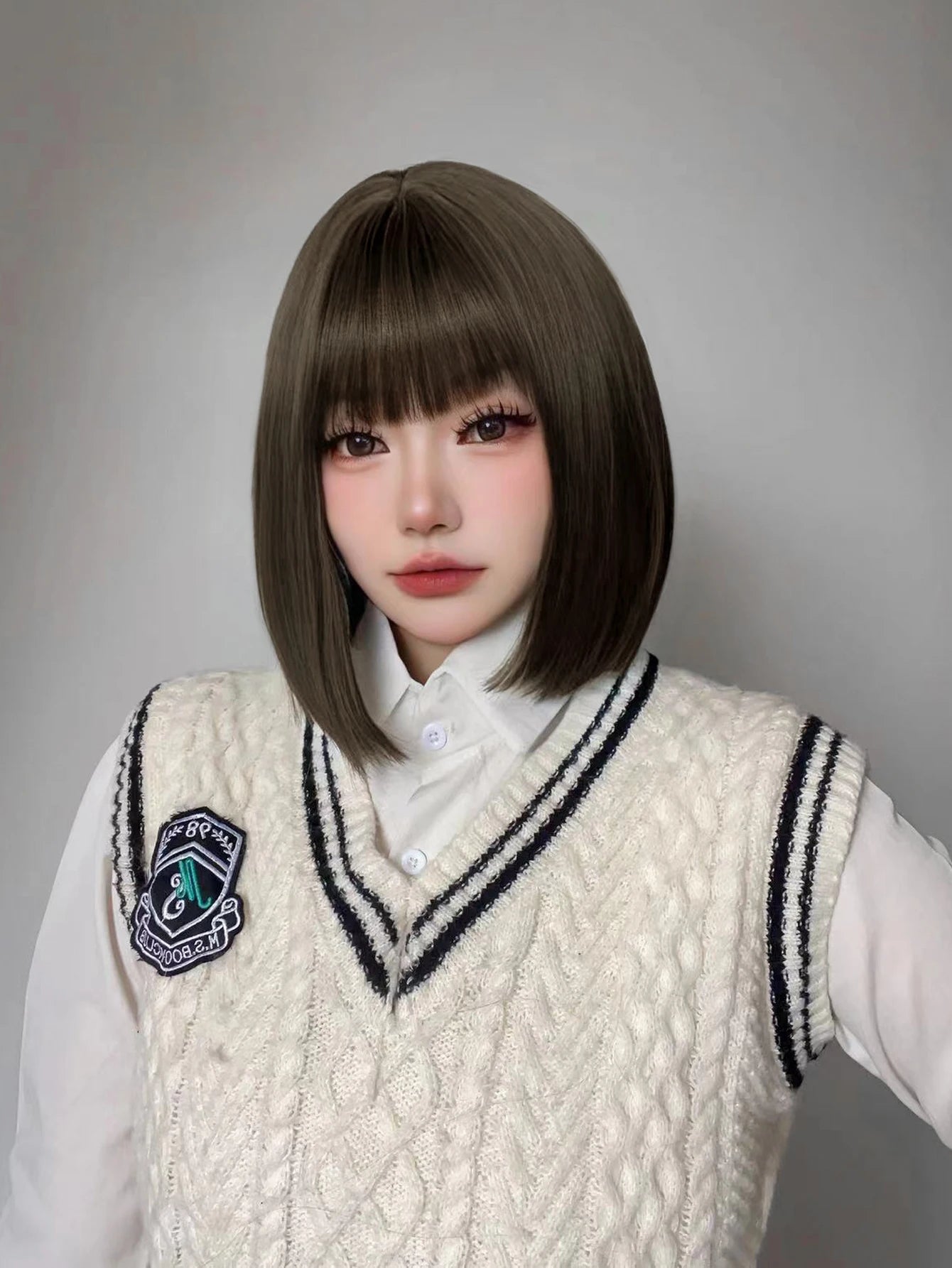 Ihomed 12Inch Lolita Tea Brown Preppy Style Synthetic Wigs With Bang Short Natural Straight Hair Wig For Women Daily Use Heat Resistant